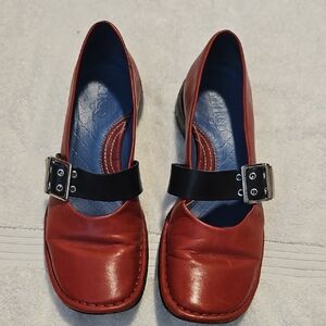 Indigo Red Leather Mary Jane Flats with Black Buckle Strap